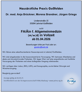 Allgemeinarztpraxis sucht Arzt/Ärztin Goßfelden/Hessen