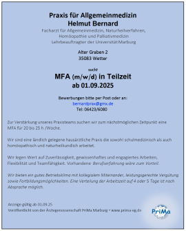 Stellenanzeige MFA_Hausarztpraxis Bernard in Wetter / Hessen