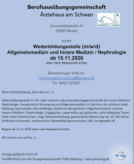 Allgemeinarztpraxis sucht WBA in Teilzeit Marburg/Hessen
