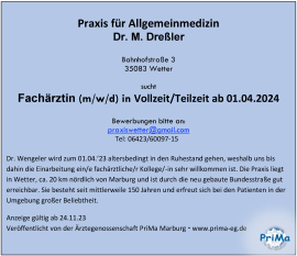 Allgemeinarztpraxis sucht Fachärztin/Facharzt Allgemeinmedizin in Marburg/Wetter/Hessen