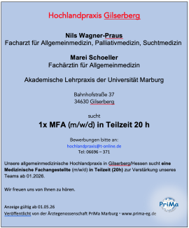 Stellenanzeige MFA_Hausarztpraxis Wagner-Prauss & Schoeller Gilserberg / Hessen