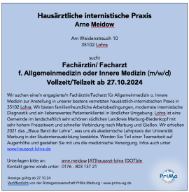 Stellenanzeige Facharzt/Fachärztin_Hausarztpraxis A. Meidow in Lohra / Hessen