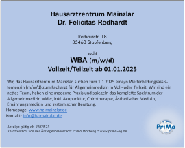 Stellenanzeige WBA_Hausarztpraxis Dr. Redhardt in Staufenberg / Hessen