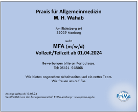 Stellenanzeige MFA Praxis Allgemeinmedizin Wahab/ Marburg-Hessen_2024