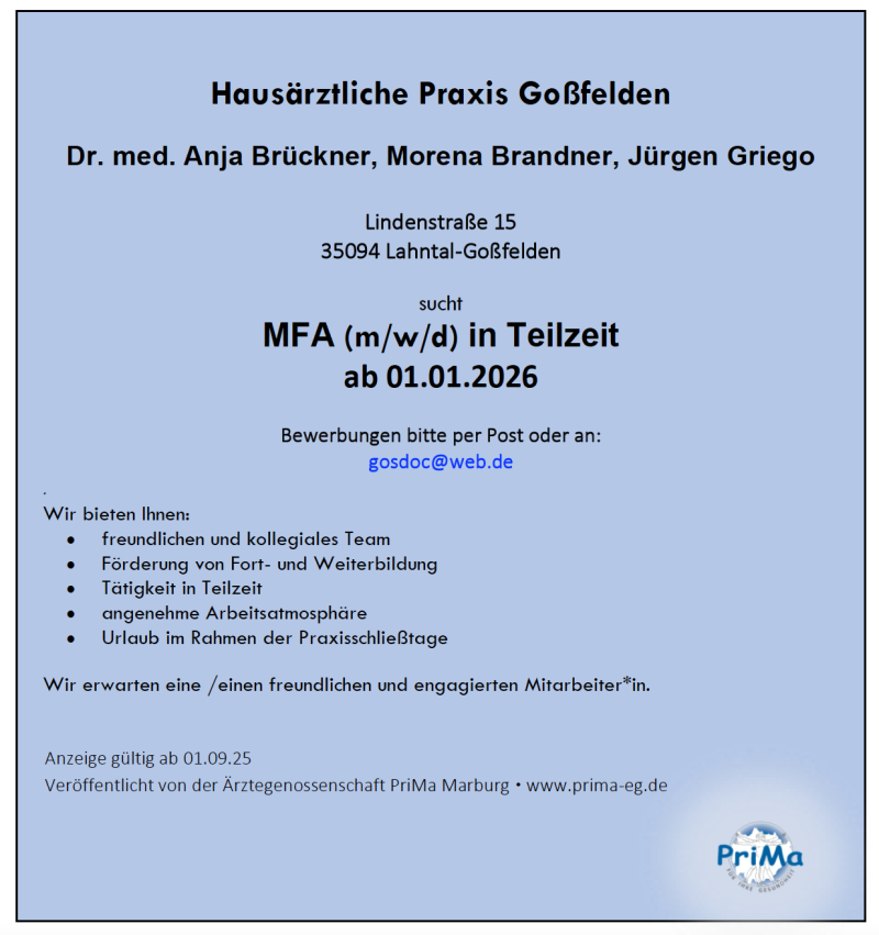 Allgemeinarztpraxis sucht MFA in Teilzeit Goßfelden/Hessen