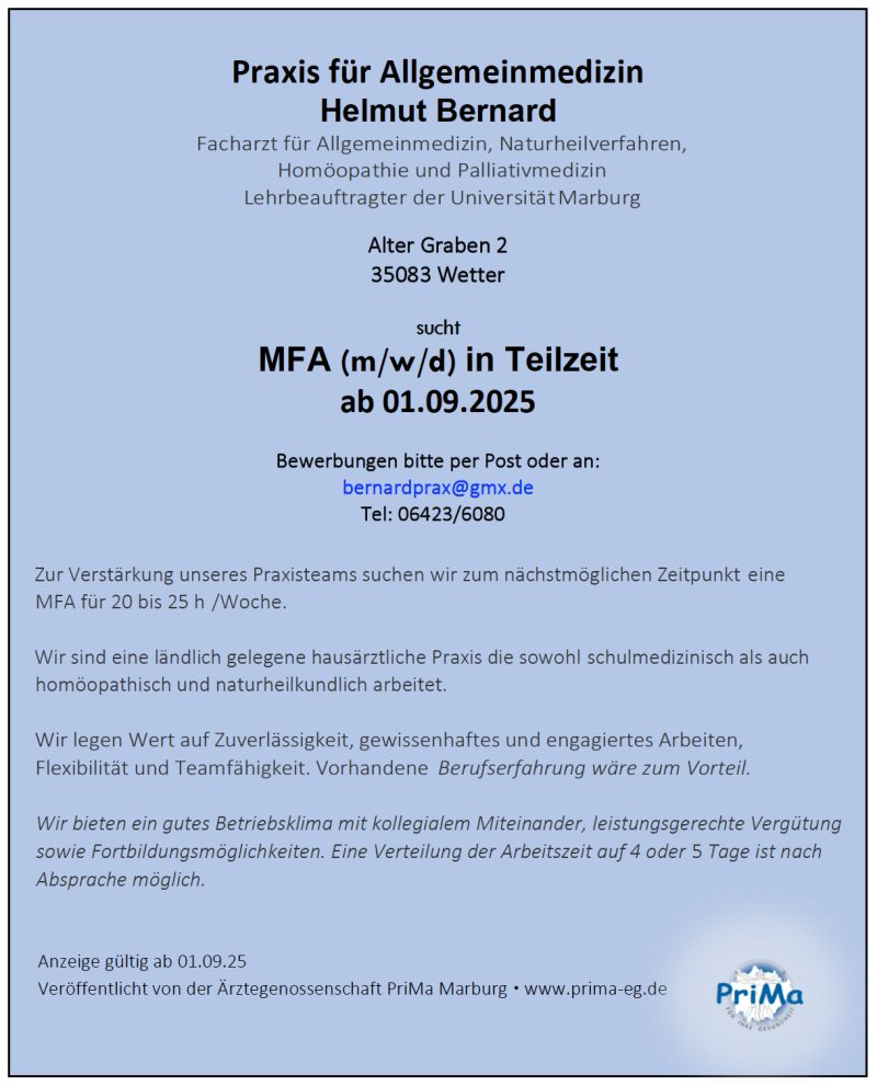 Stellenanzeige MFA_Hausarztpraxis Bernard in Wetter / Hessen