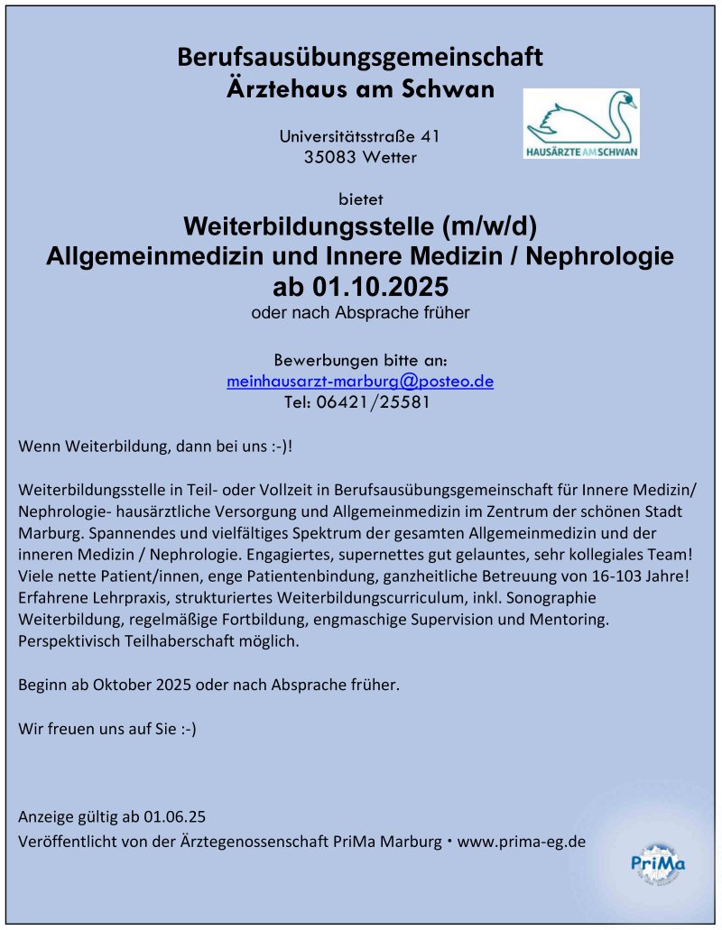 Allgemeinarztpraxis sucht WBA in Teilzeit Marburg/Hessen