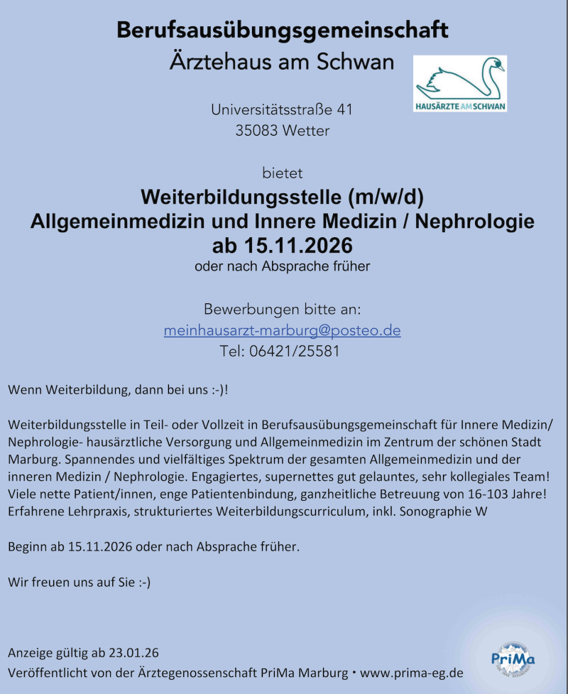 Allgemeinarztpraxis sucht WBA in Teilzeit Marburg/Hessen