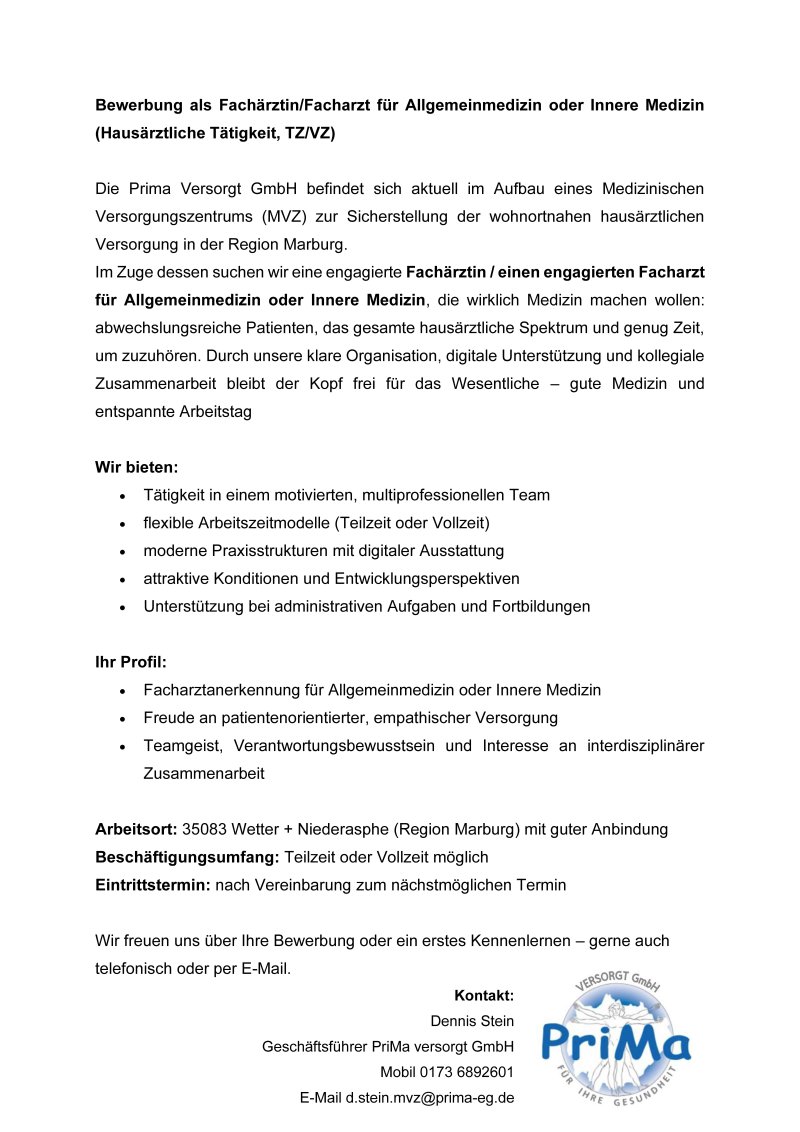 Allgemeinarztpraxis sucht Arzt/Ärztin Niederasphe/Hessen